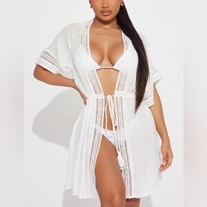 Linen Crochet Trim Cover Up Kimono - White